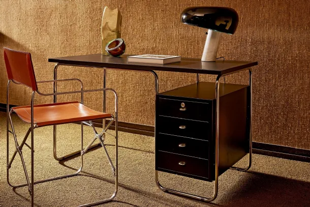 Desk with leather-covered top and Comacina top and Zanotta steel structure