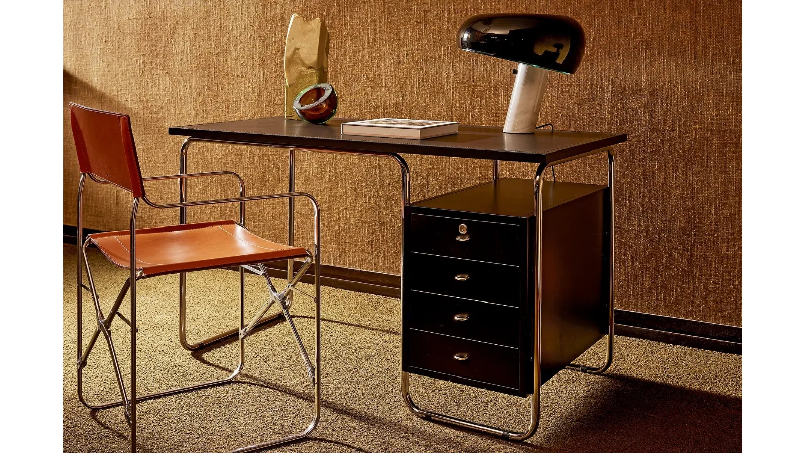 Desk with leather-covered top and Comacina top and Zanotta steel structure
