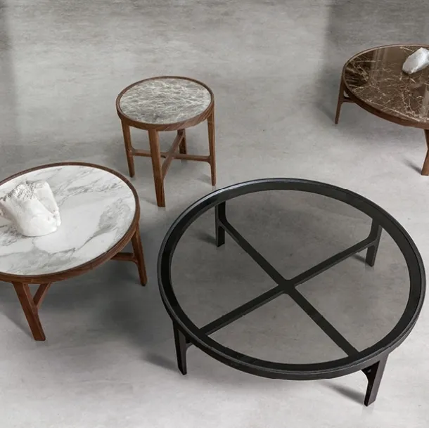 Solid wood side tables with marble or smoked crystal tops Cyclos by Alivar