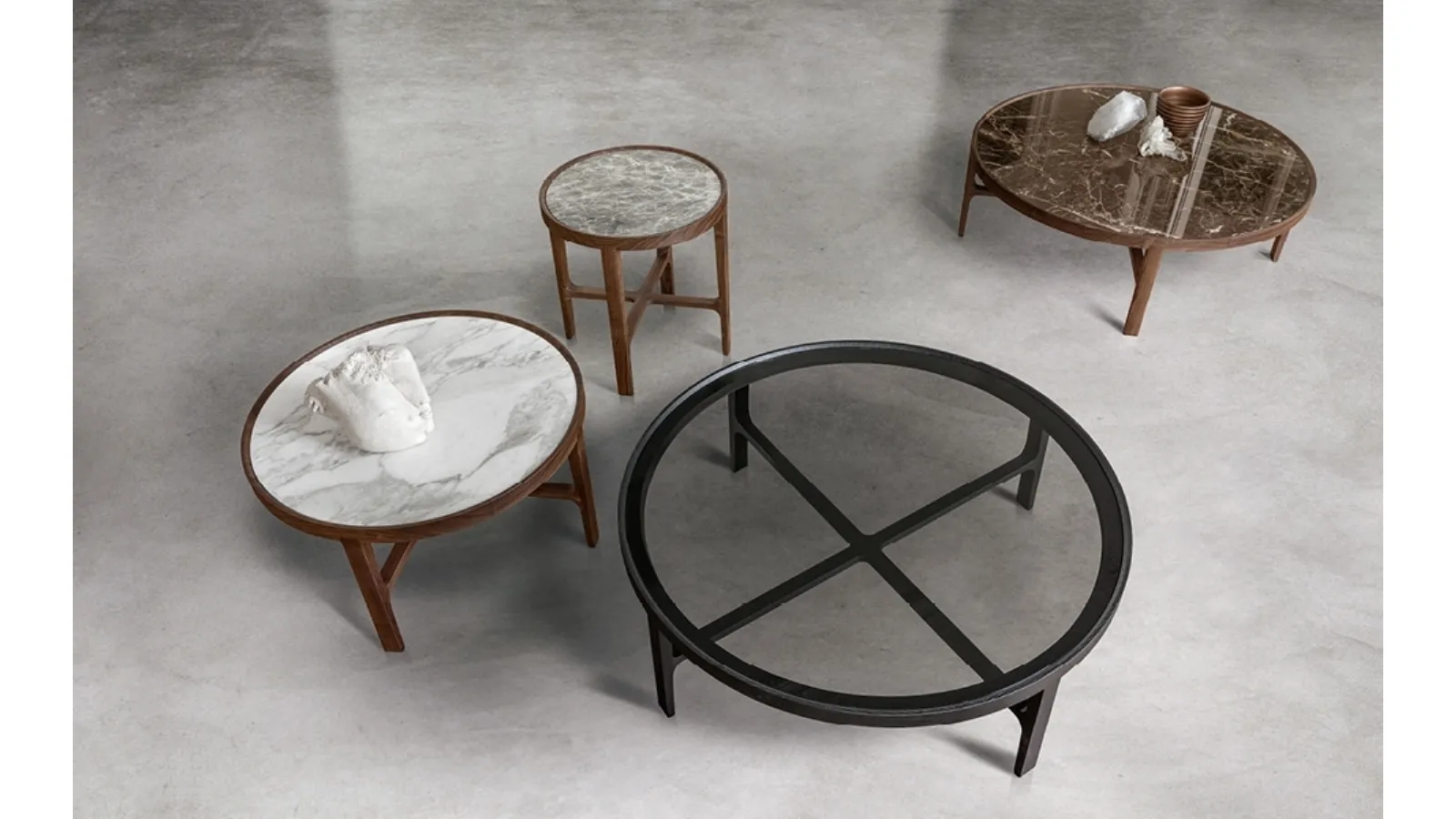 Solid wood side tables with marble or smoked crystal tops Cyclos by Alivar