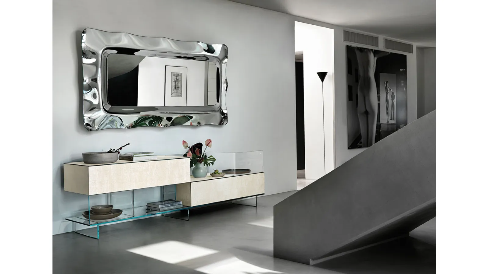 Dorian Mirror with back-silvered fused glass frame by Fiam