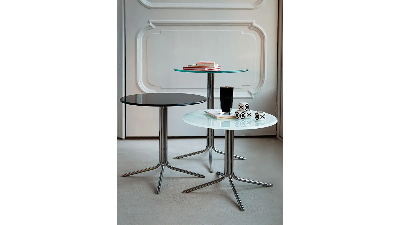 Genius side tables with round glass top and metal base by Sovet