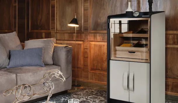 Gentleman cigar storage cabinet in leather-covered wood by Flou