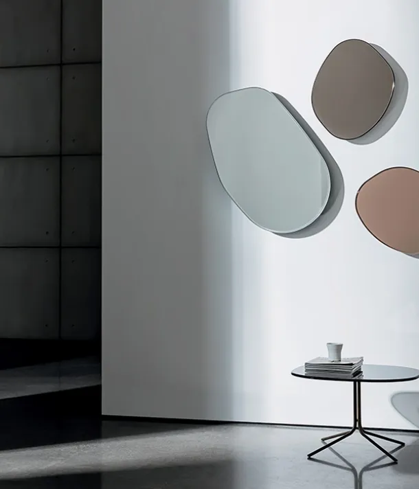 Irregular mirror that can be rotated Dew Drops in extra-clear, bronze, or smoked glass by Sovet