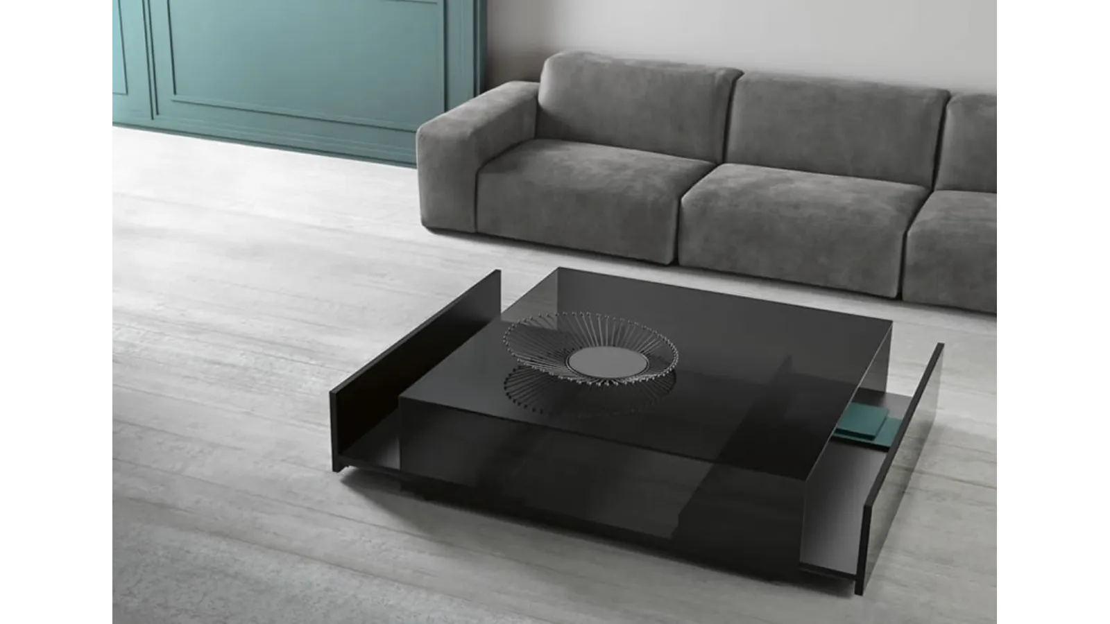 Glass coffee table with internal wooden drawers in Gotham drawers by Tonelli