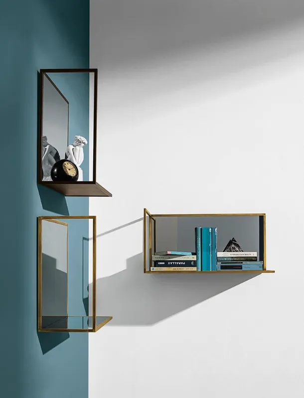 Helia shelves in smoked mirror glass with metal profile by Sovet