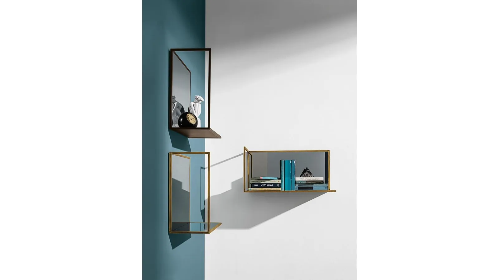 Helia shelves in smoked mirror glass with metal profile by Sovet