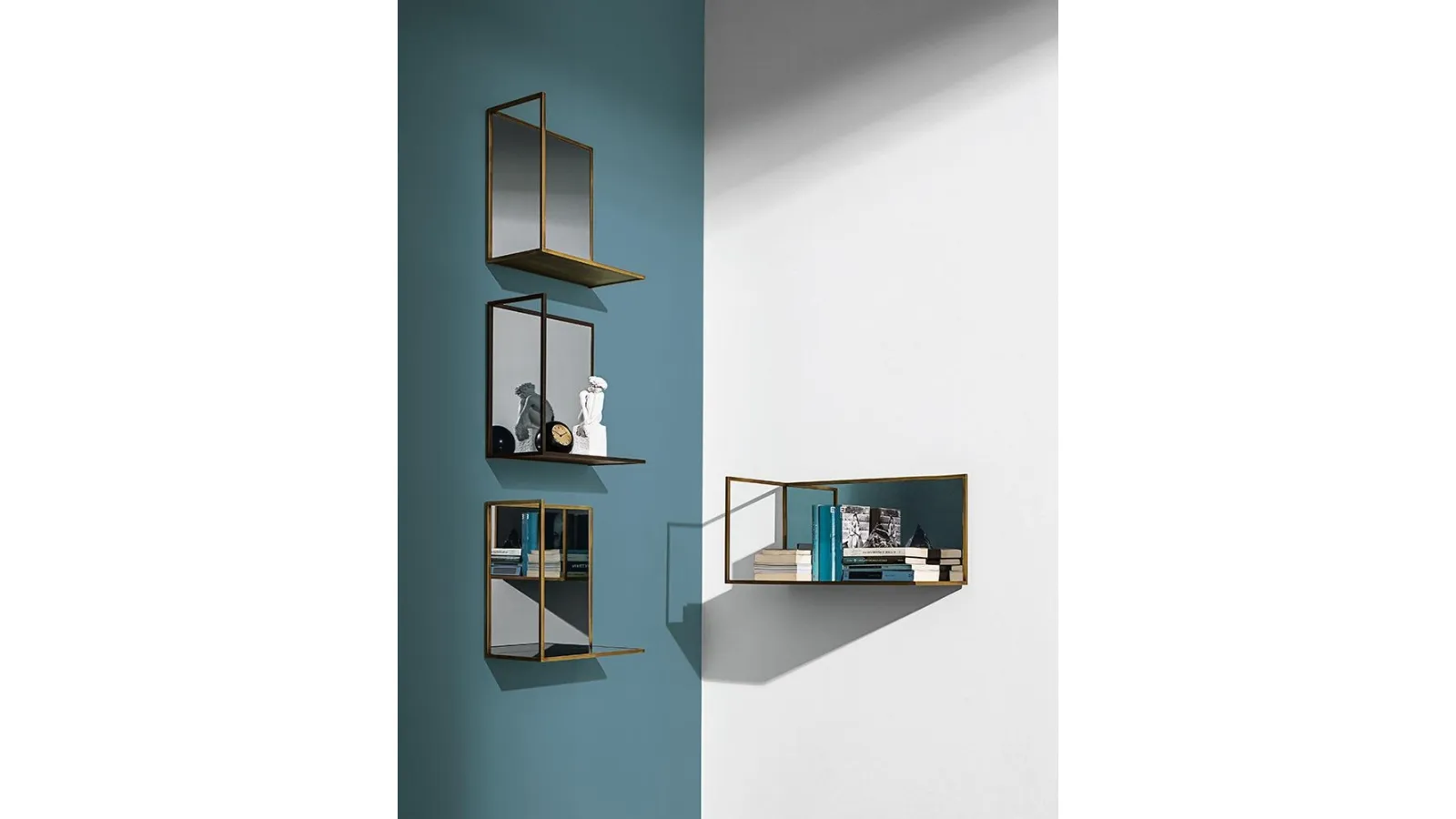 Helia shelves in smoked mirror glass with metal profile by Sovet