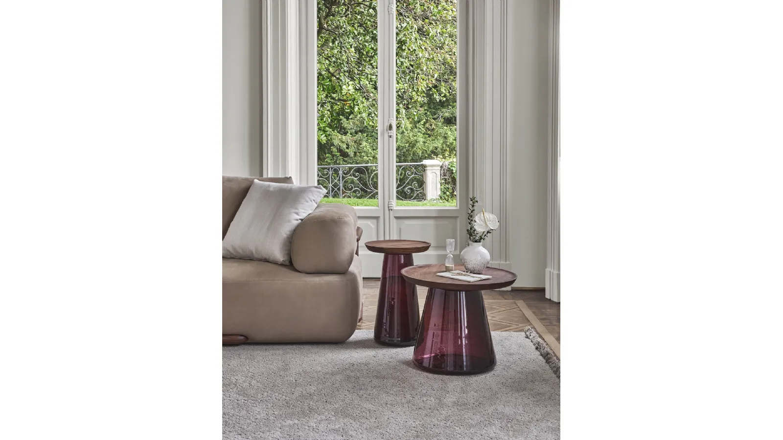 Jig Coffee Table with Walnut Top and Glass Base by Porada