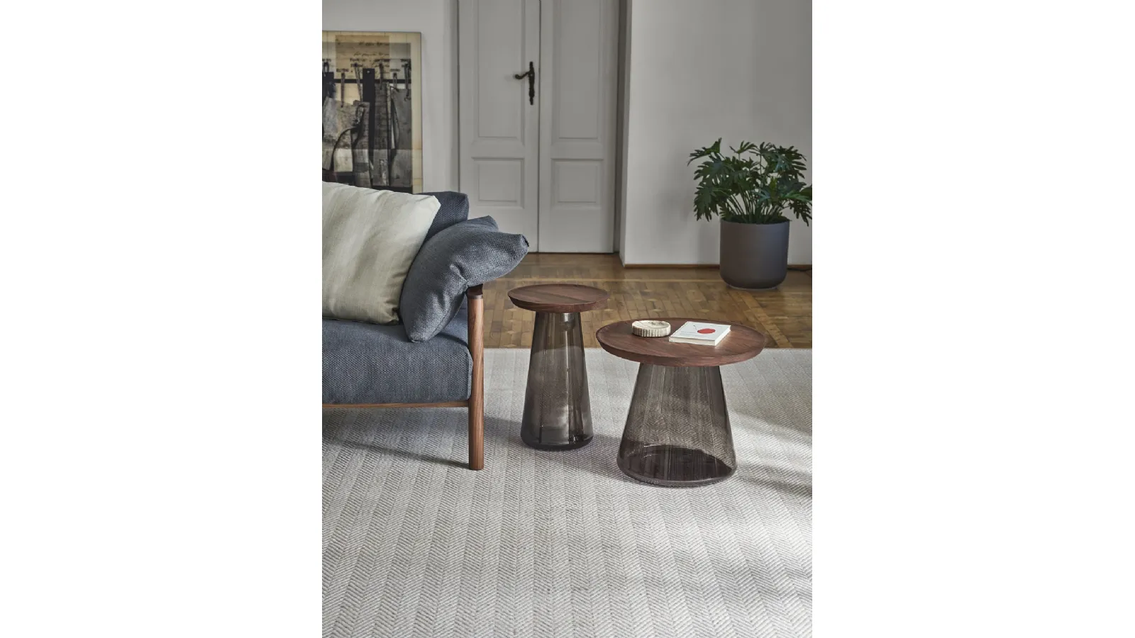Jig Coffee Table with Walnut Top and Glass Base by Porada