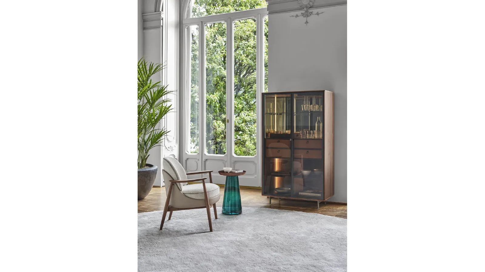 Jig coffee table with walnut top and glass base by Porada