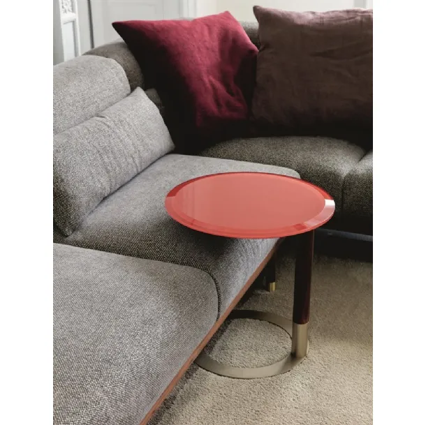 Round side table with metal and solid wood base and back-painted glass top Jok by Porada