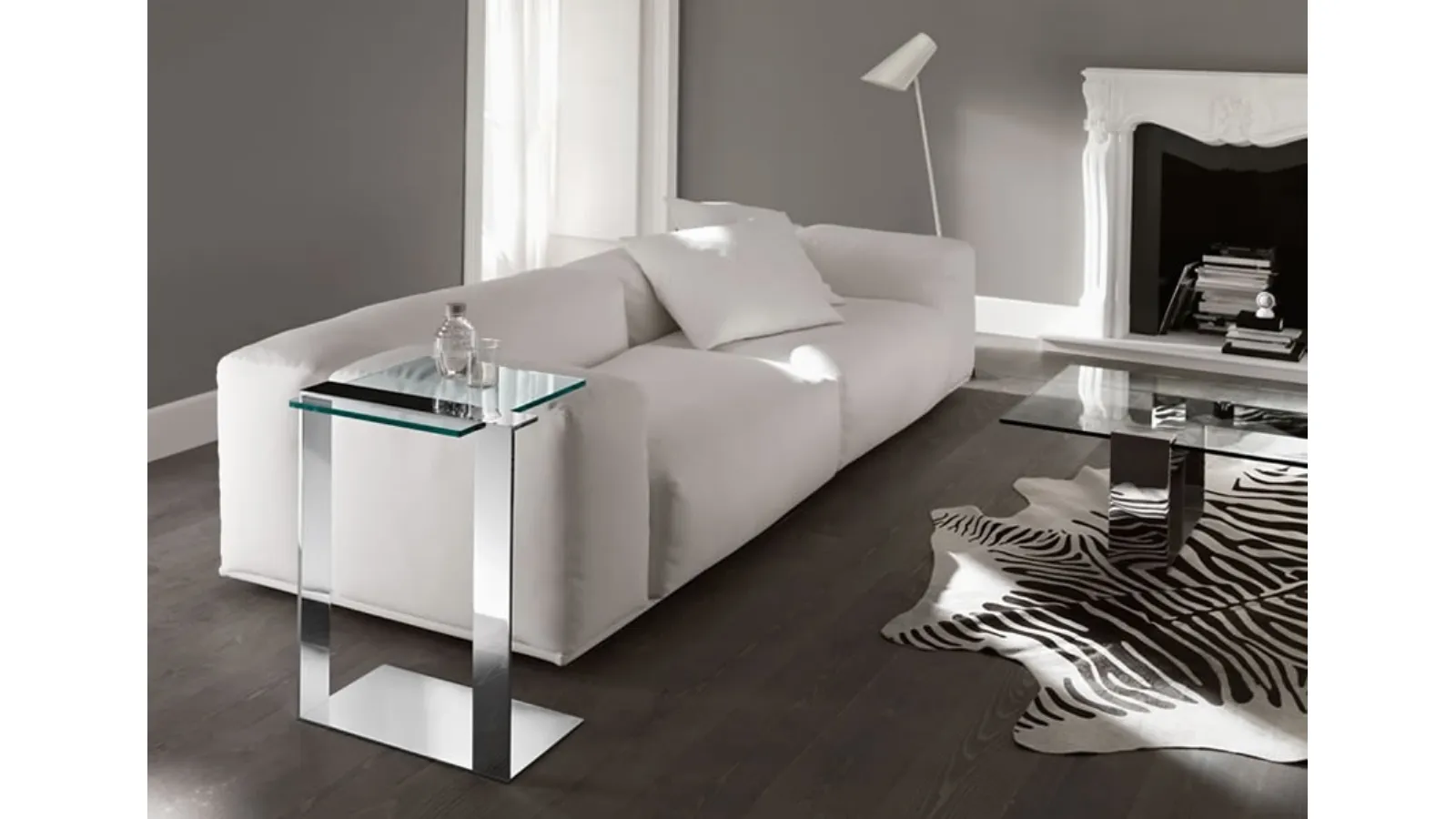 Joliet glass and steel sofa table by Tonelli