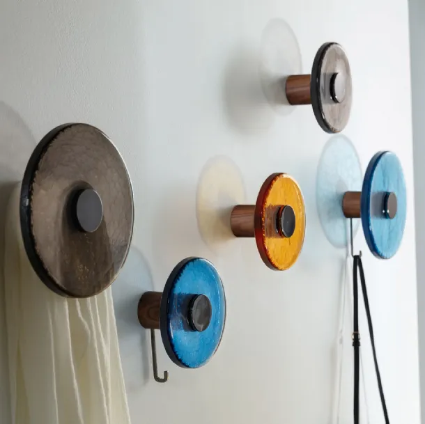 Wall-mounted coat rack with solid Canaletto walnut structure and Jupiter fused glass disc by Porada