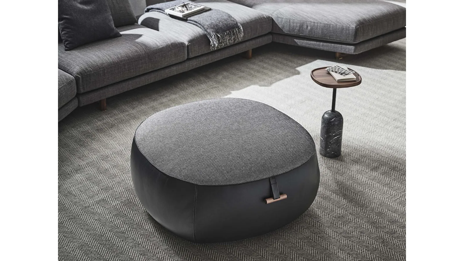 Lagom leather and fabric pouf by Porada