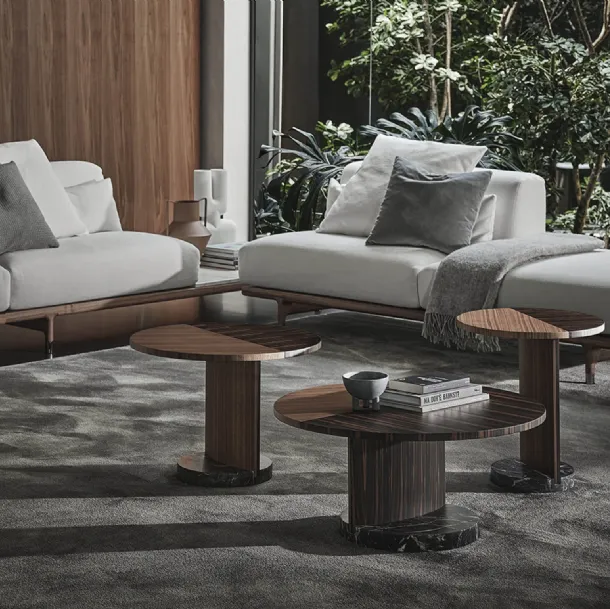 Round walnut and ebony side tables with Leaf marble base by Porada