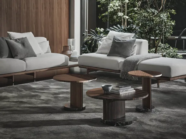 Round walnut and ebony side tables with Leaf marble base by Porada