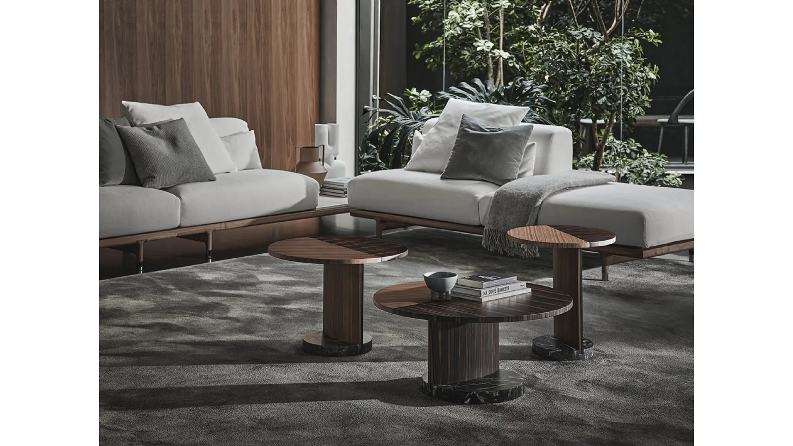 Round walnut and ebony side tables with Leaf marble base by Porada
