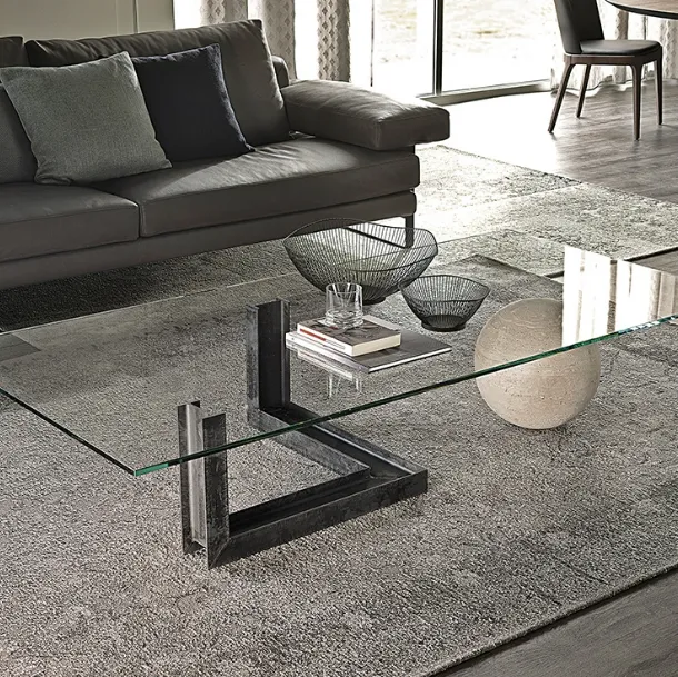 Glass coffee table with steel base and Levante travertine sphere by Cattelan Italia