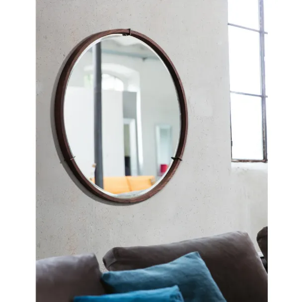 Round mirror with solid walnut frame and Levante brass inserts by Porada