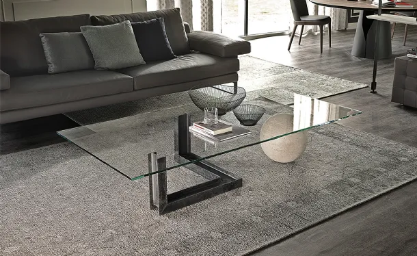 Glass coffee table with steel base and Levante travertine sphere by Cattelan Italia