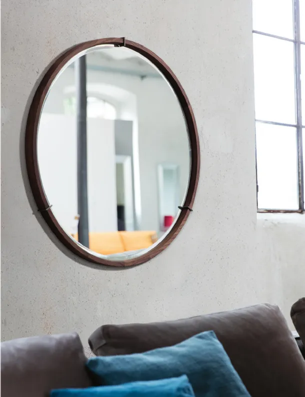 Round mirror with solid walnut frame and Levante brass inserts by Porada