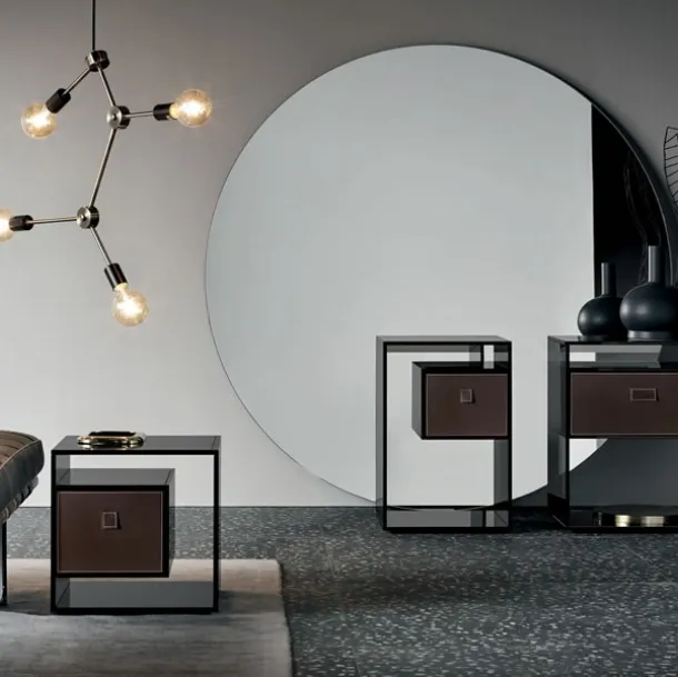 Glass coffee table with mirrored base and wooden drawer Liber by Tonelli