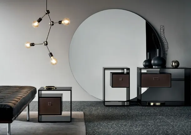 Glass coffee table with mirrored base and wooden drawer Liber by Tonelli