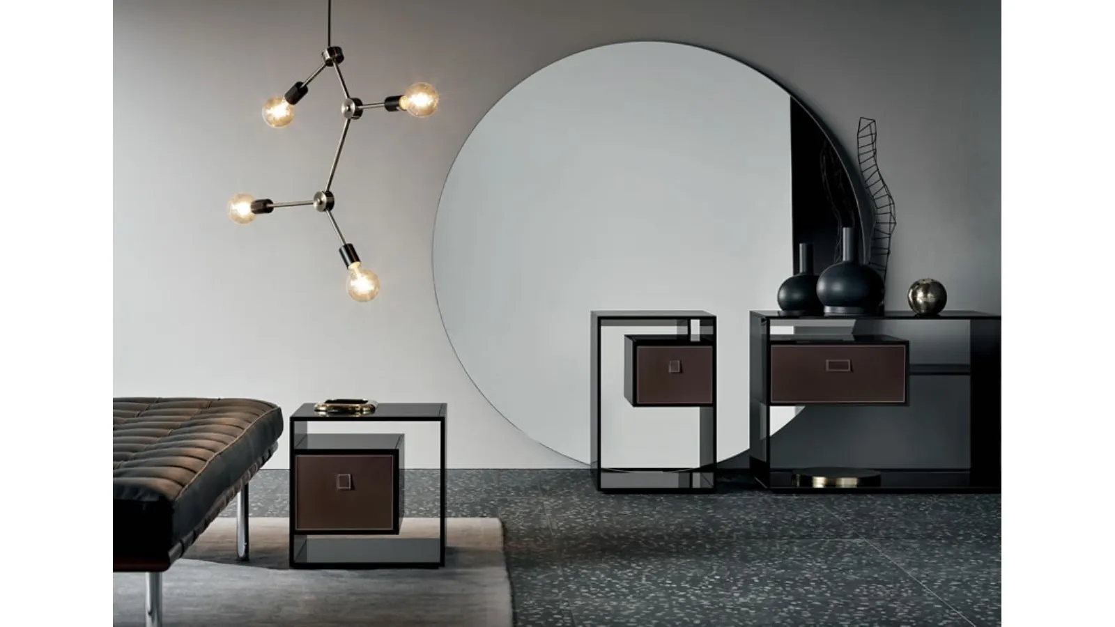 Glass coffee table with mirrored base and wooden drawer Liber by Tonelli