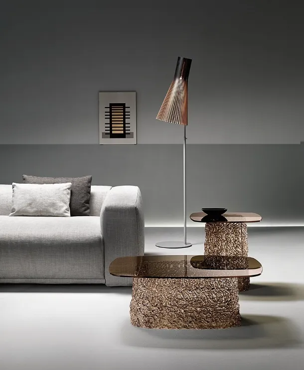 Bronze glass Macramé side table with woven spun glass base by Fiam
