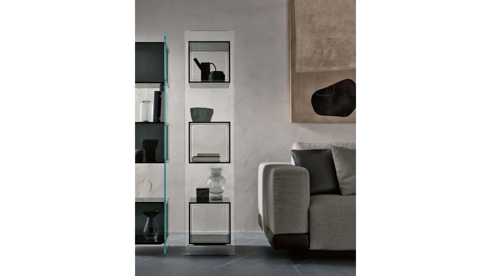 Display container with Magique Totem glass cubes by Fiam