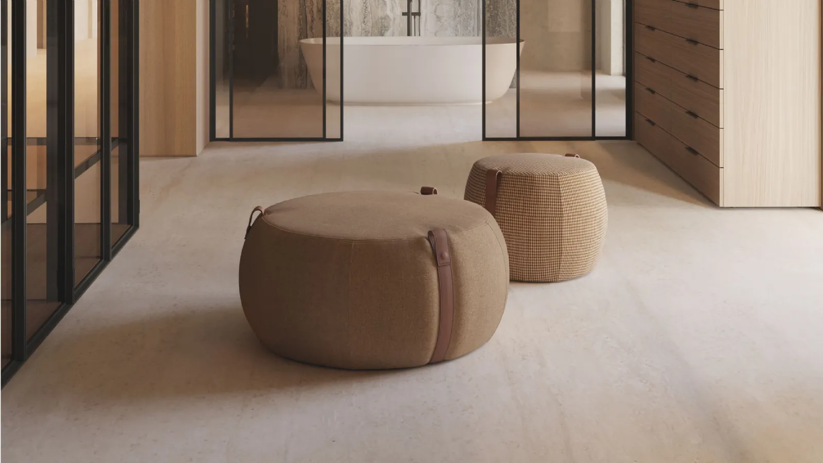Fabric pouf with Notch leather straps by Lema