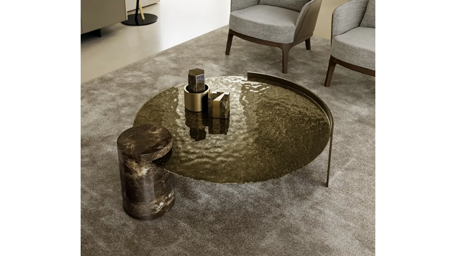 Peo Low Coffee Table in Glass and Marble by Eforma