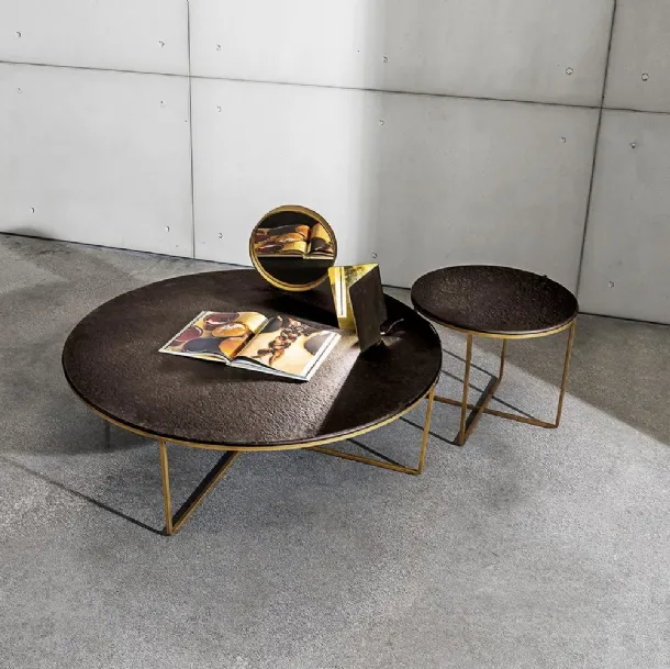 Piktor side tables with textured glass top and lacquered antique brass metal base by Sovet