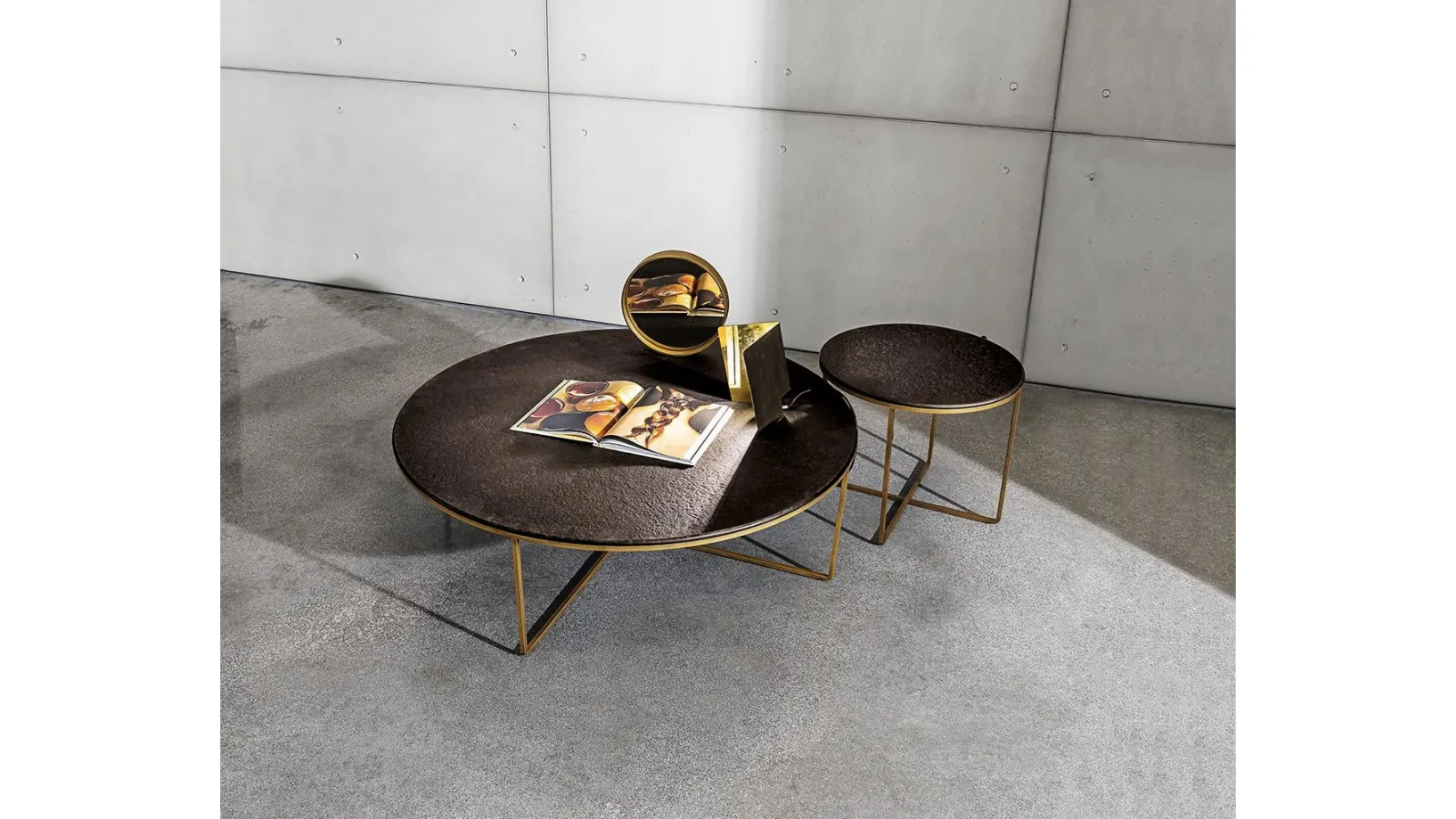 Piktor side tables with textured glass top and lacquered antique brass metal base by Sovet