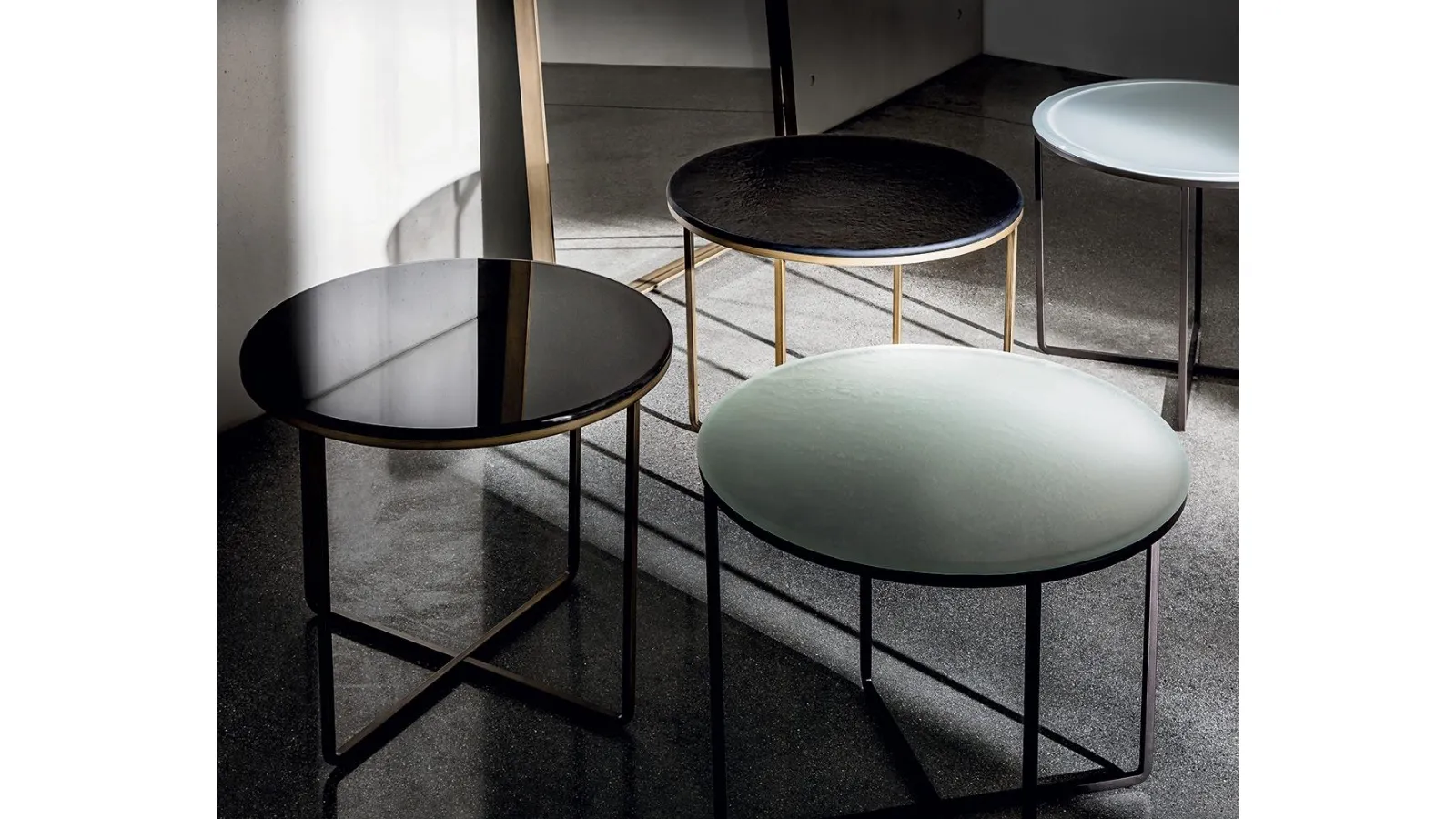 Piktor side tables with glass top and lacquered metal base in antique brass by Sovet