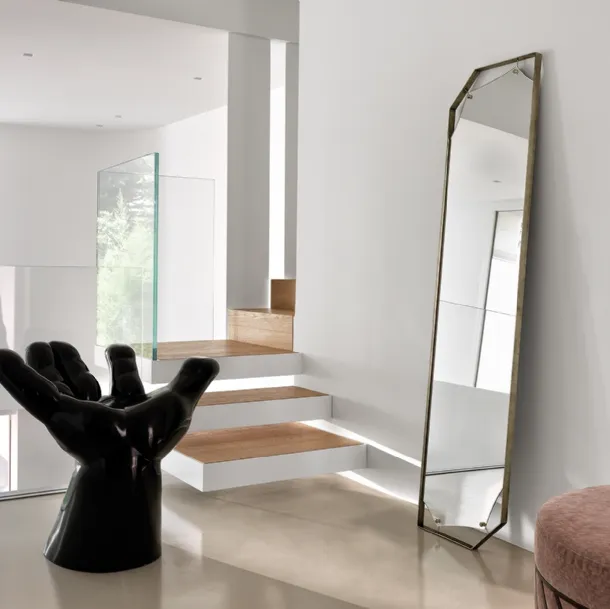 Pinch floor mirror with metal frame in antique brass finish by Fiam