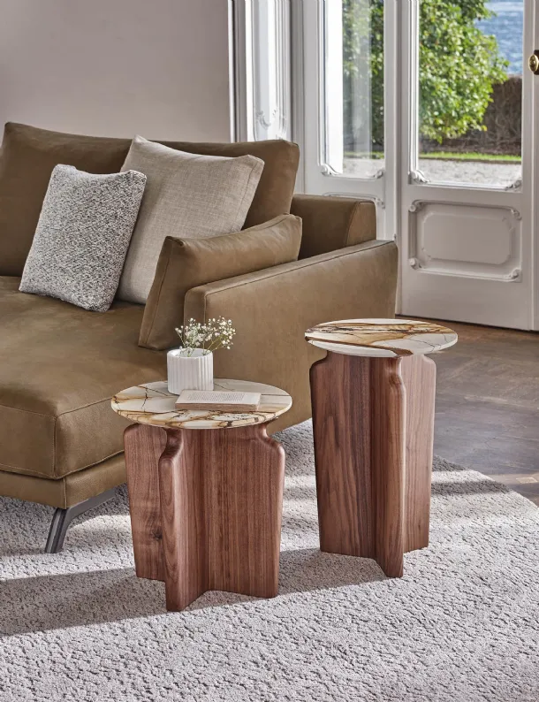 Podi coffee table with marble top and Canaletto walnut base by Porada