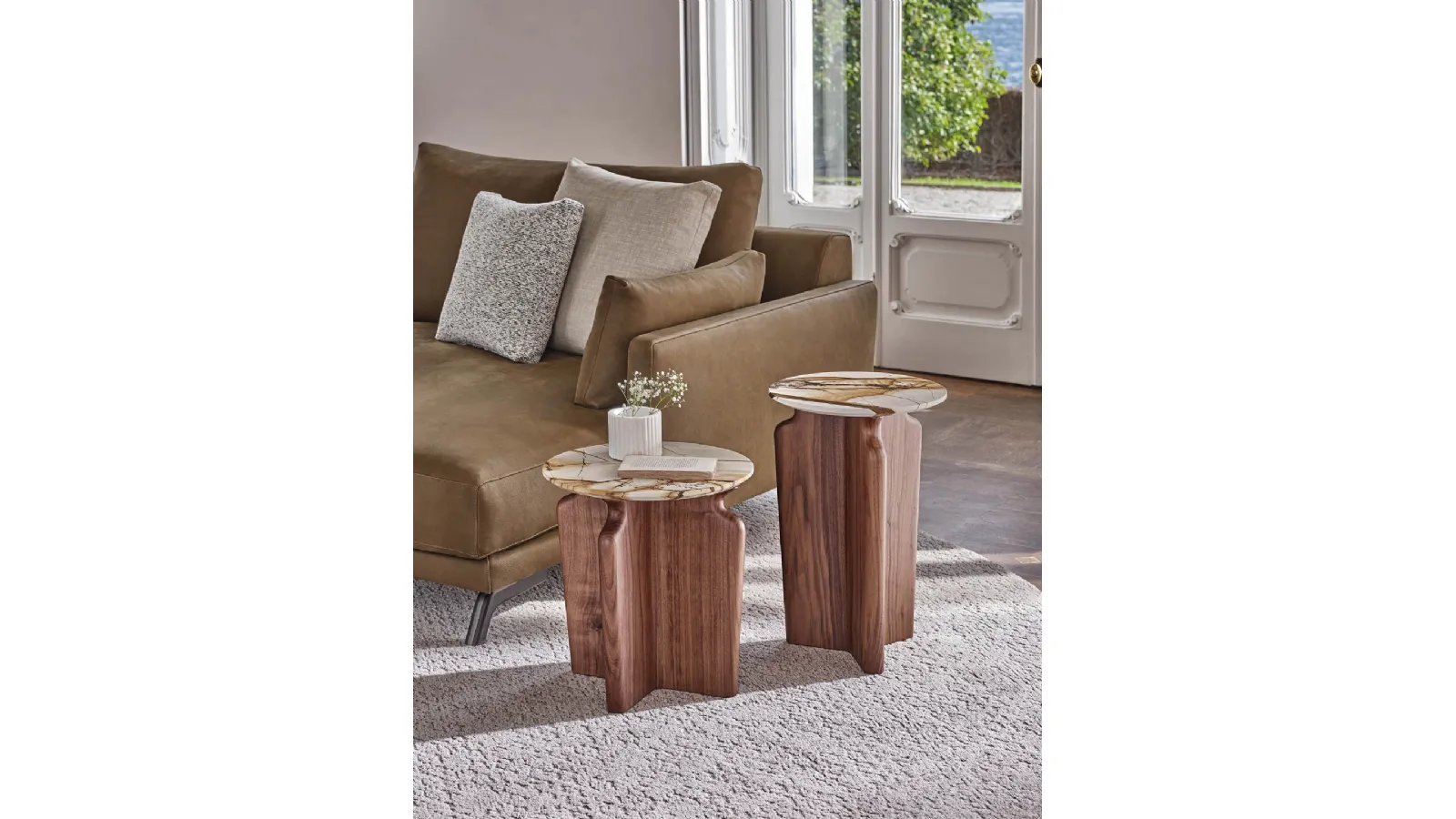 Podi coffee table with marble top and Canaletto walnut base by Porada