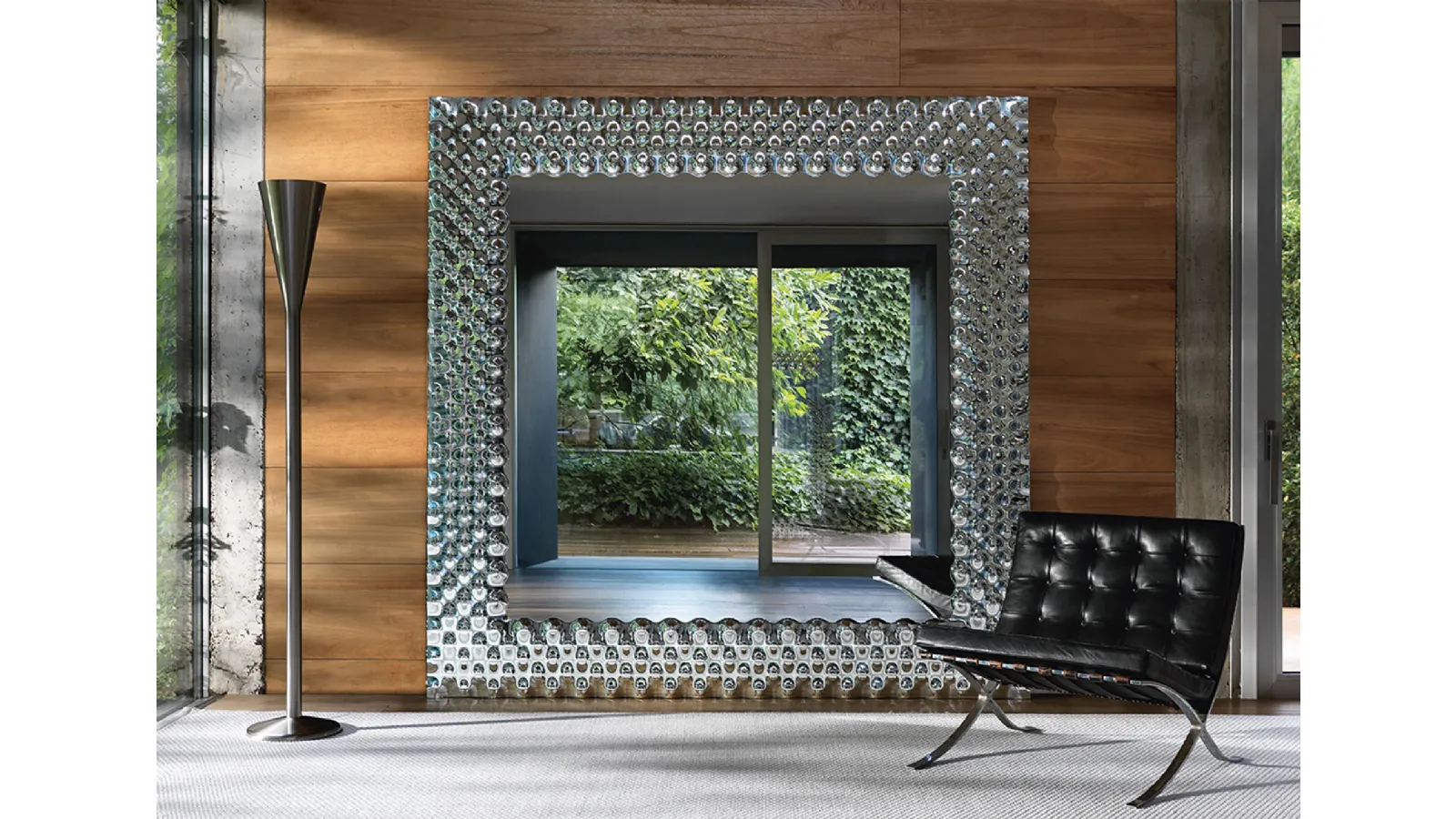 Square mirror with a back-silvered fused glass frame by Pop di Fiam