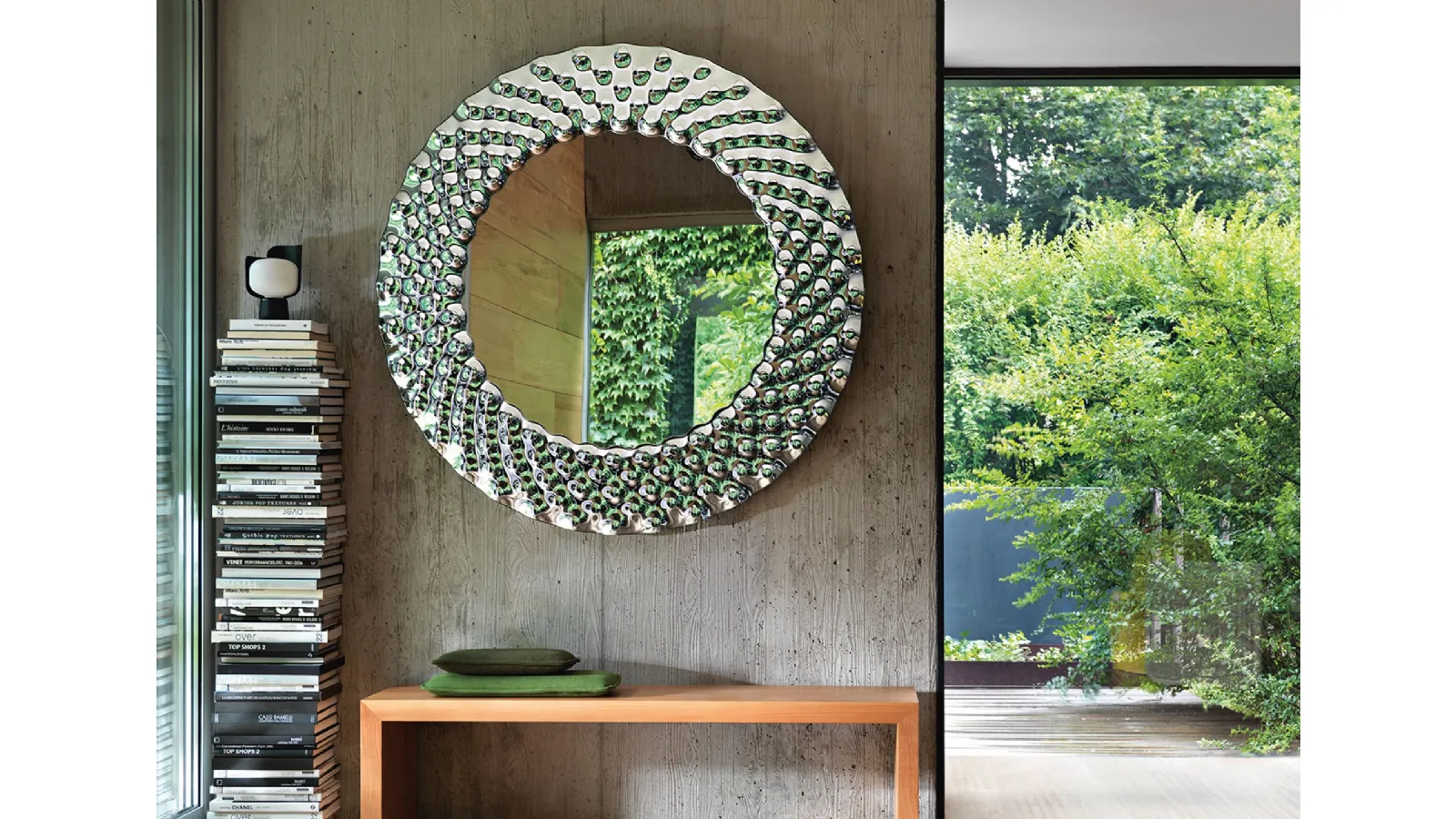 Round mirror with a back-silvered fused glass frame by Fiam Pop