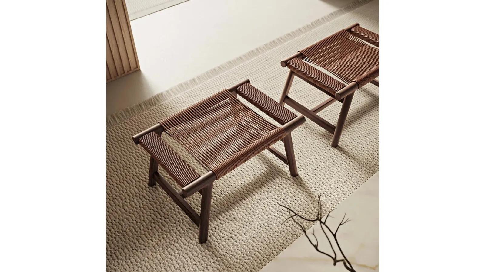 Giano Pouf in braided leather with solid wood structure by Flexform