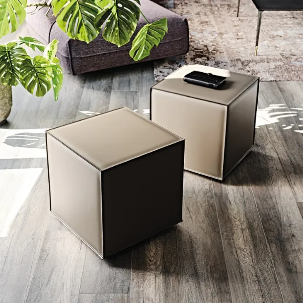 Kubo pouf on wheels fully upholstered in leather with contrasting stitching by Cattelan Italia