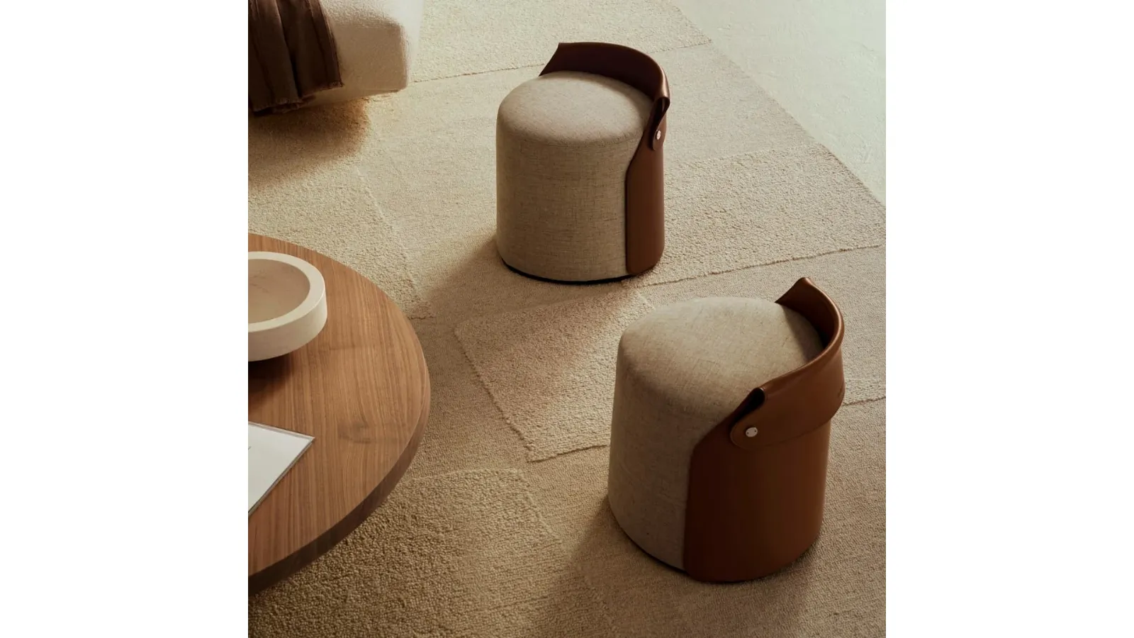 Ozzy Pouf in padded fabric and leather by Flexform