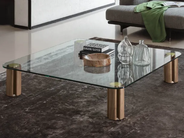 Low square coffee table with transparent Quadrifoglio glass top by Porada