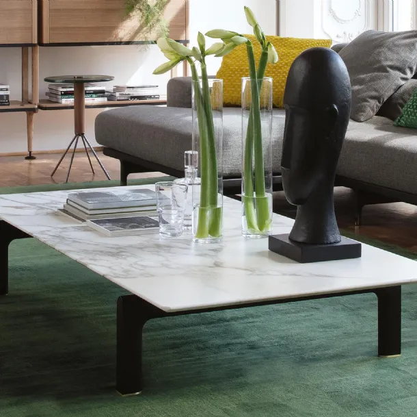 Coffee table with rectangular marble top and solid wood Quay legs by Porada