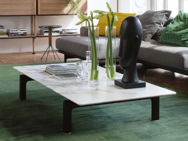 Coffee table with rectangular marble top and solid wood Quay legs by Porada