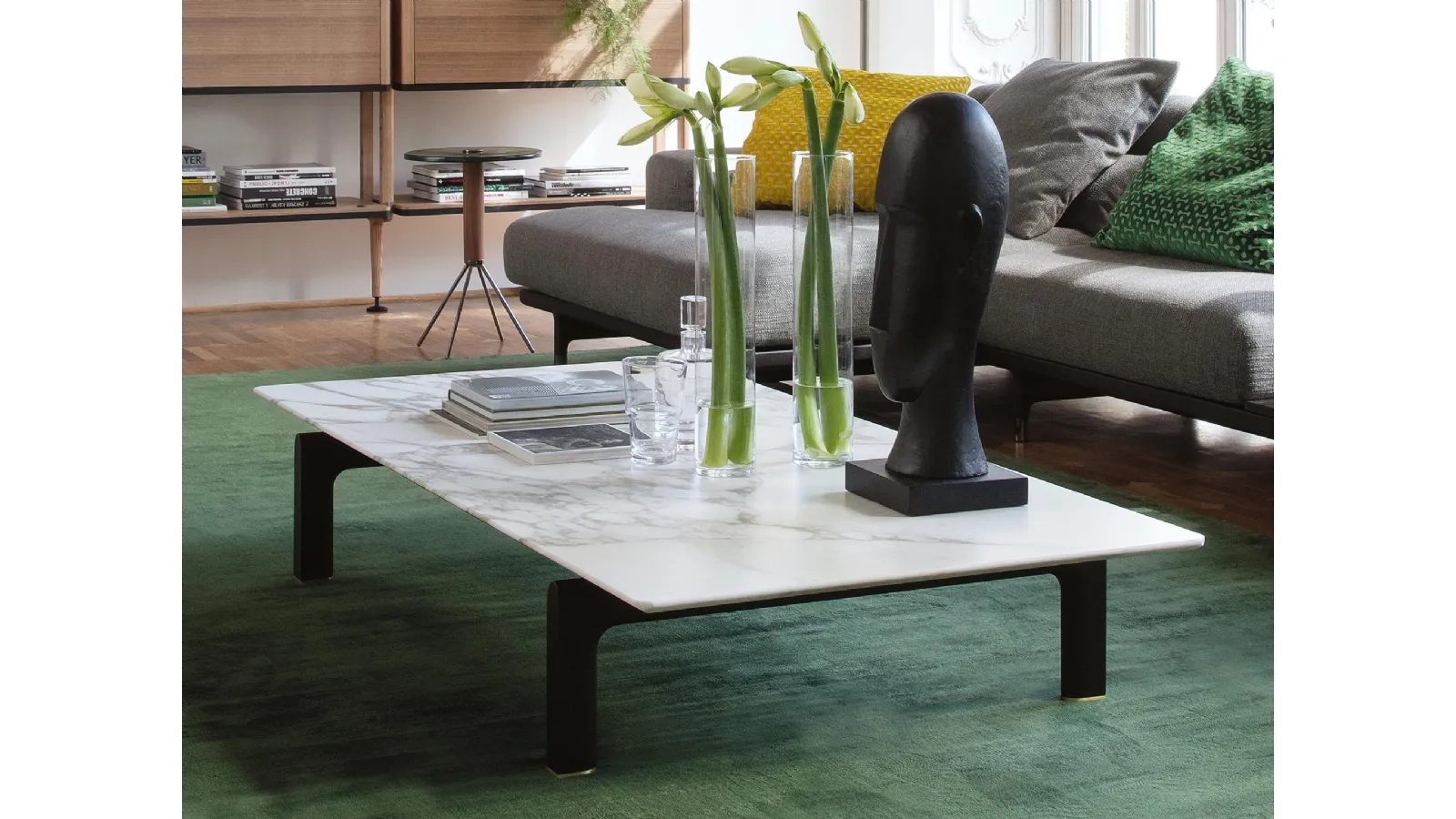 Coffee table with rectangular marble top and solid wood Quay legs by Porada