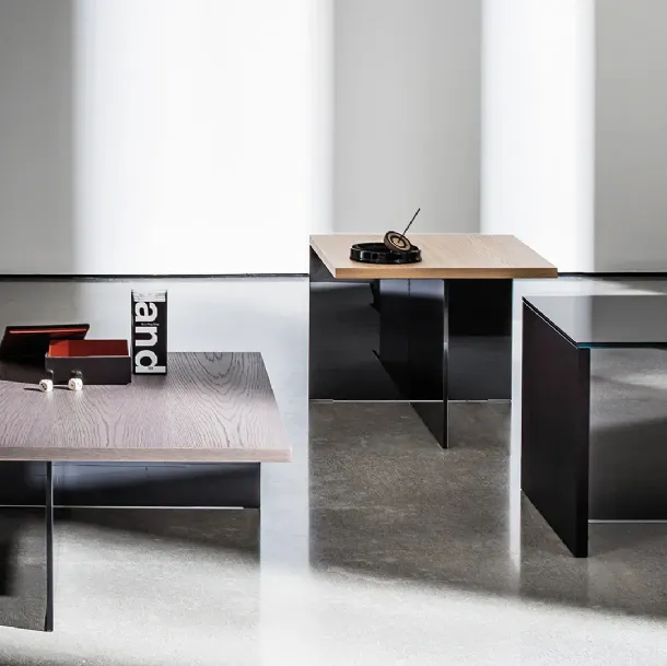 Regolo Square side tables with wood or glass top in Black and smoked glass base by Sovet