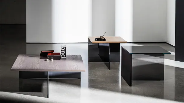 Regolo Square side tables with wood or glass top in Black and smoked glass base by Sovet